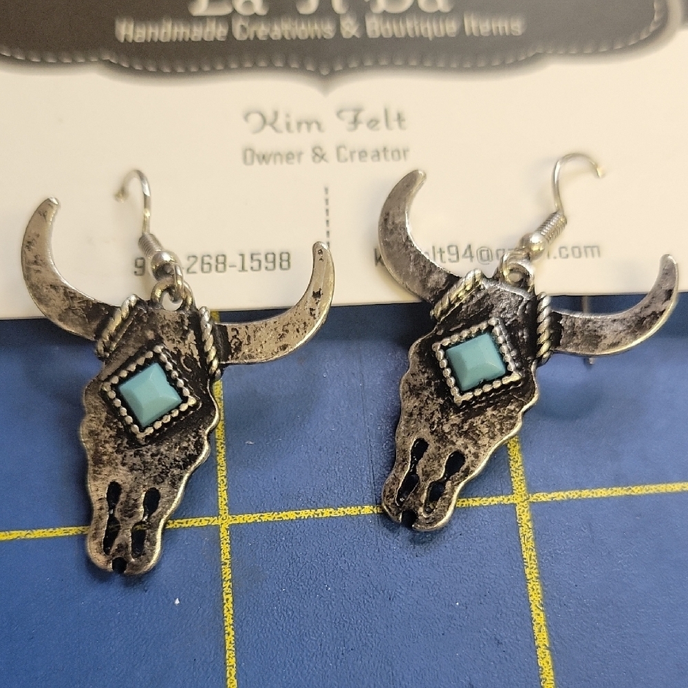Silver Tone Bull Skull 1.25" Earrings Faux Turquoise Accent